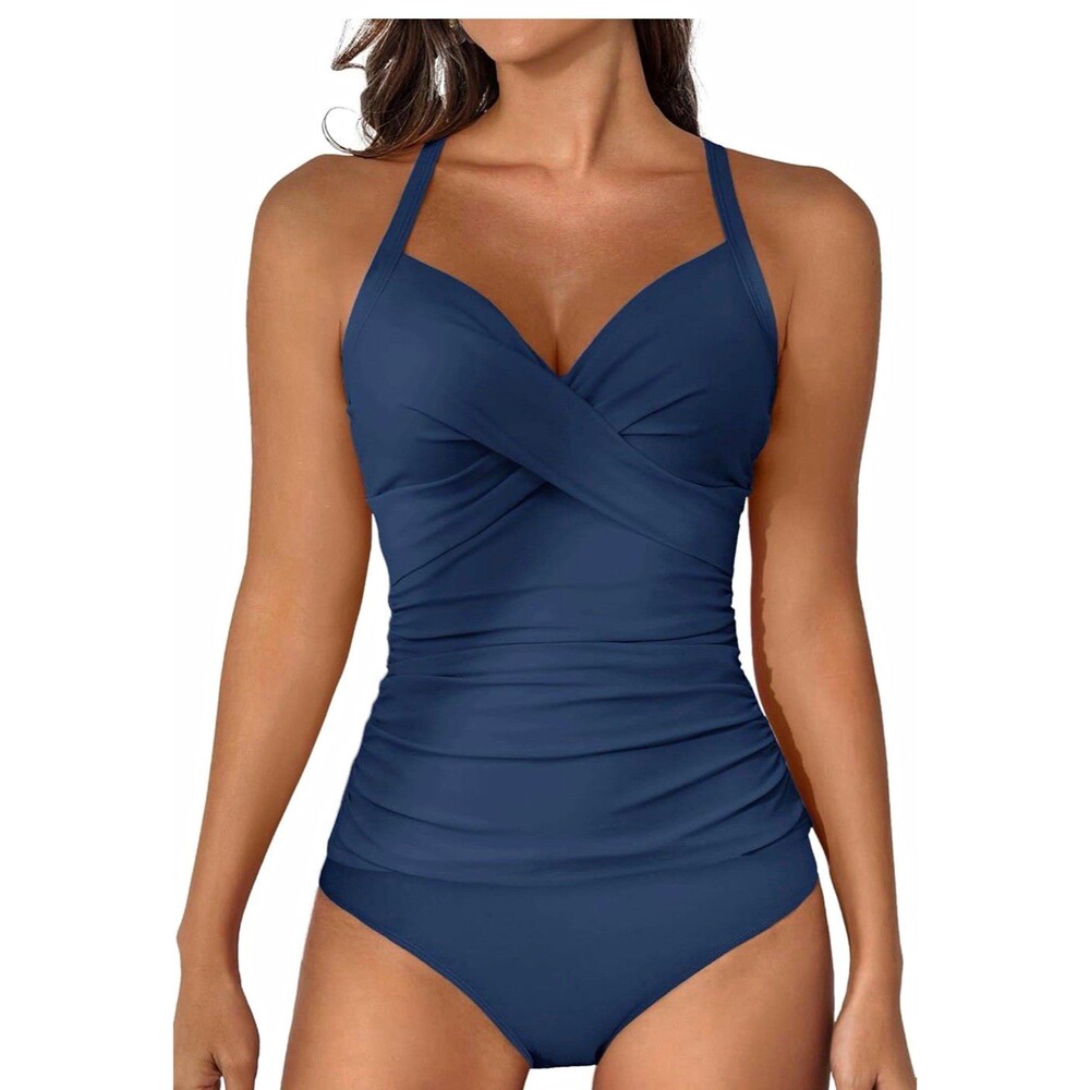 B2PRITY Women's Blue Solid Halter One Piece Swimsuit Adjustable Strap, L